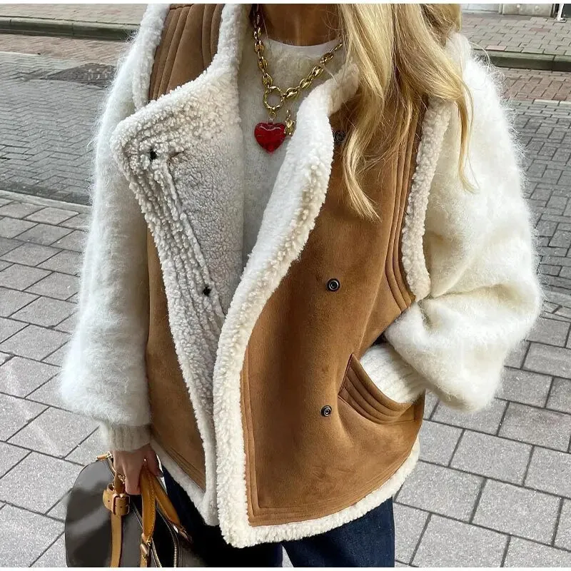 Long Sleeve Coat Faux Fur Lapel for Women With Zipper Pockets Thick Warm Jacket