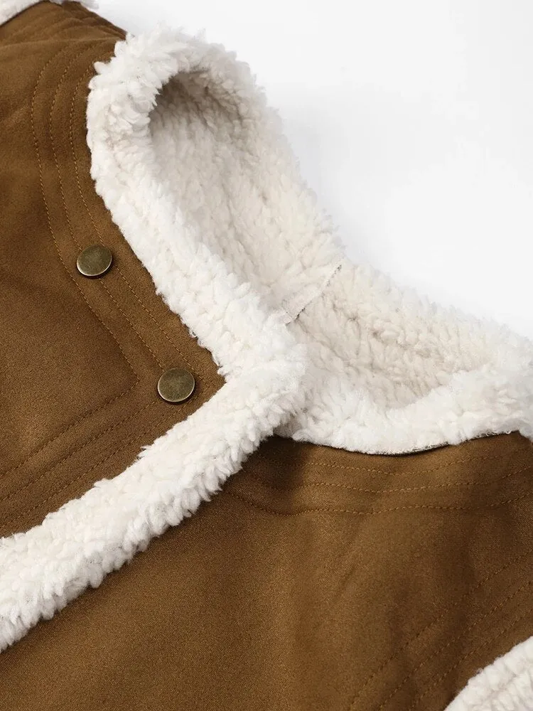 Long Sleeve Coat Faux Fur Lapel for Women With Zipper Pockets Thick Warm Jacket