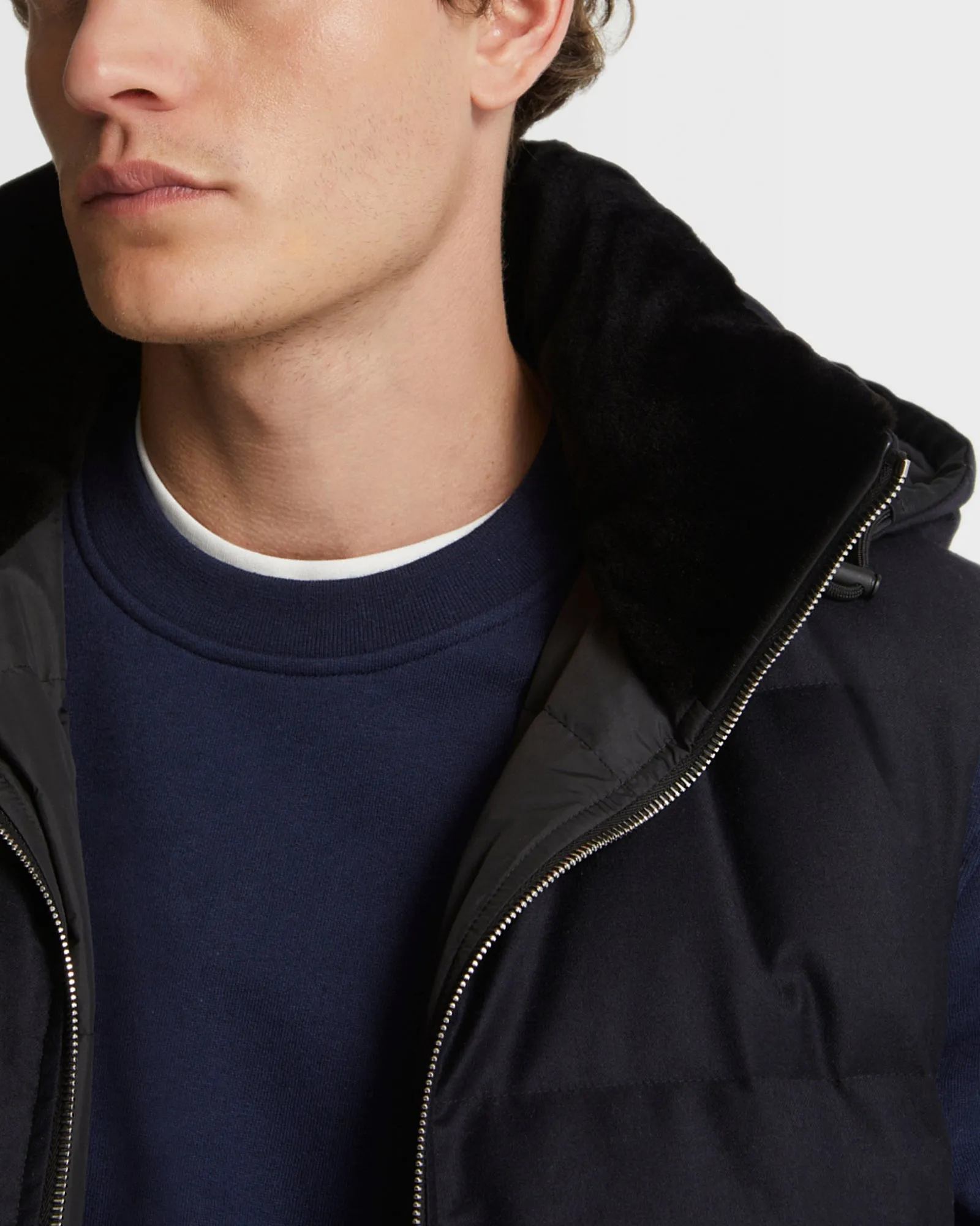 Loro Piana fabric down gilet with mink fur collar