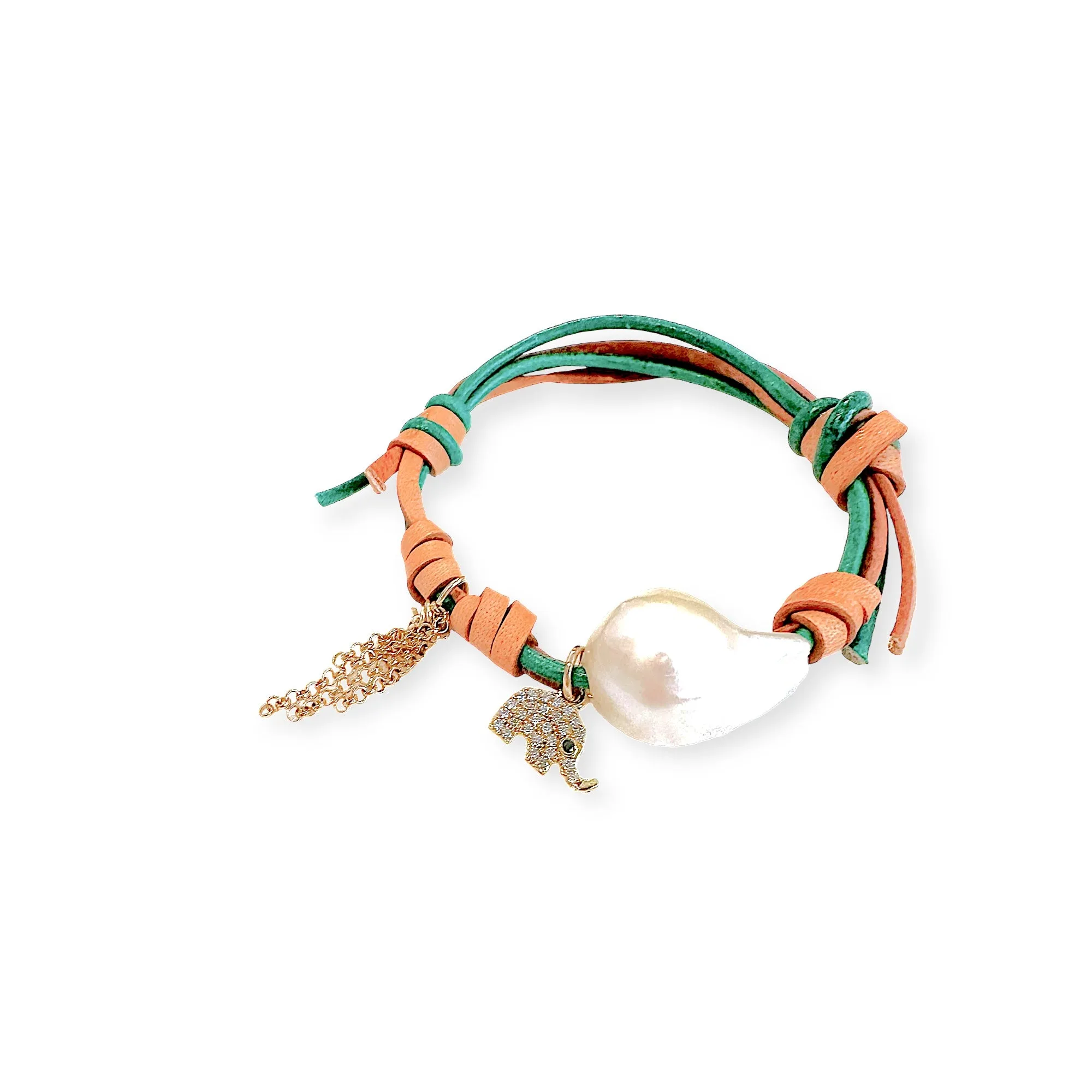 Lucky Elephant Baroque Pearl Gold Chain Rocker Bracelet