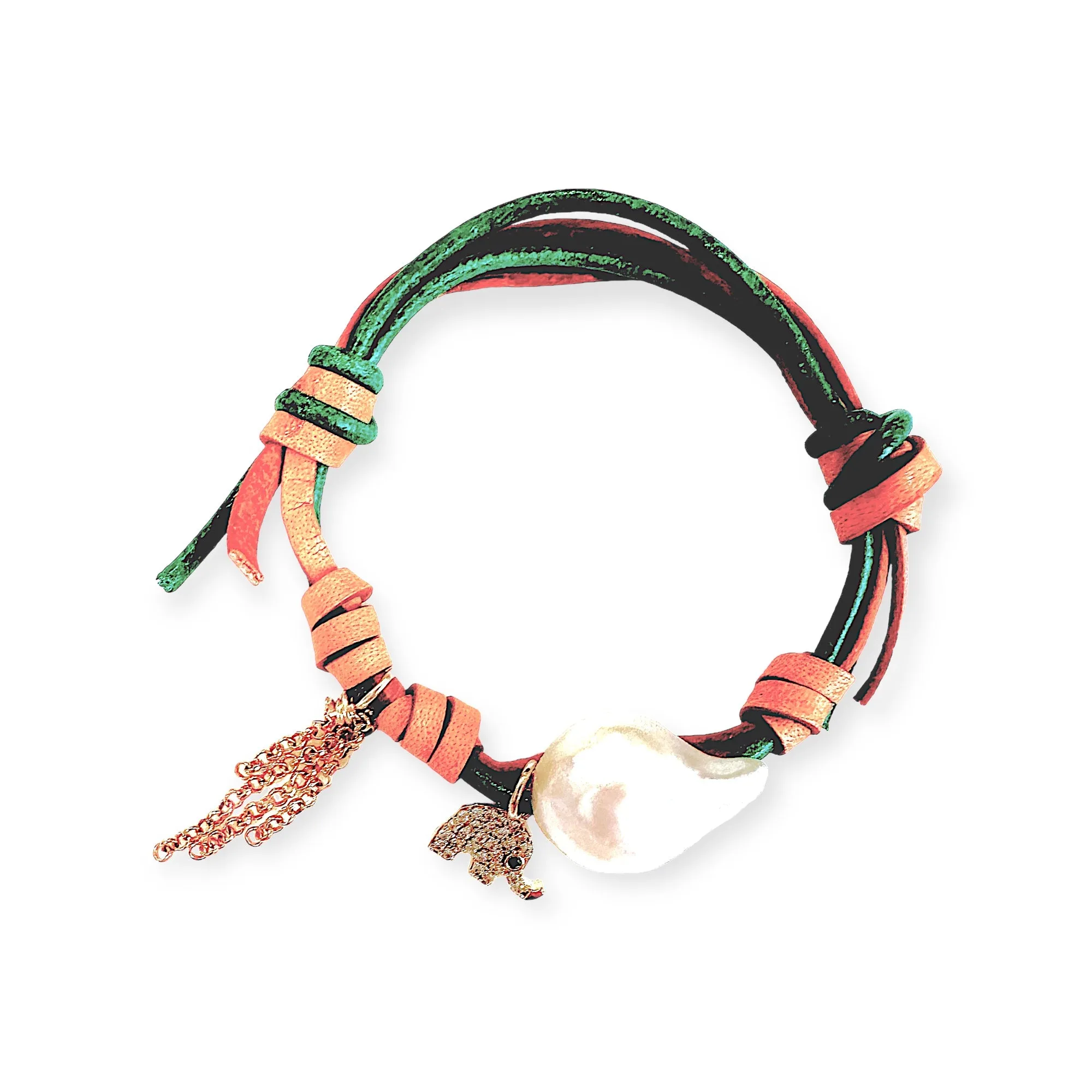 Lucky Elephant Baroque Pearl Gold Chain Rocker Bracelet