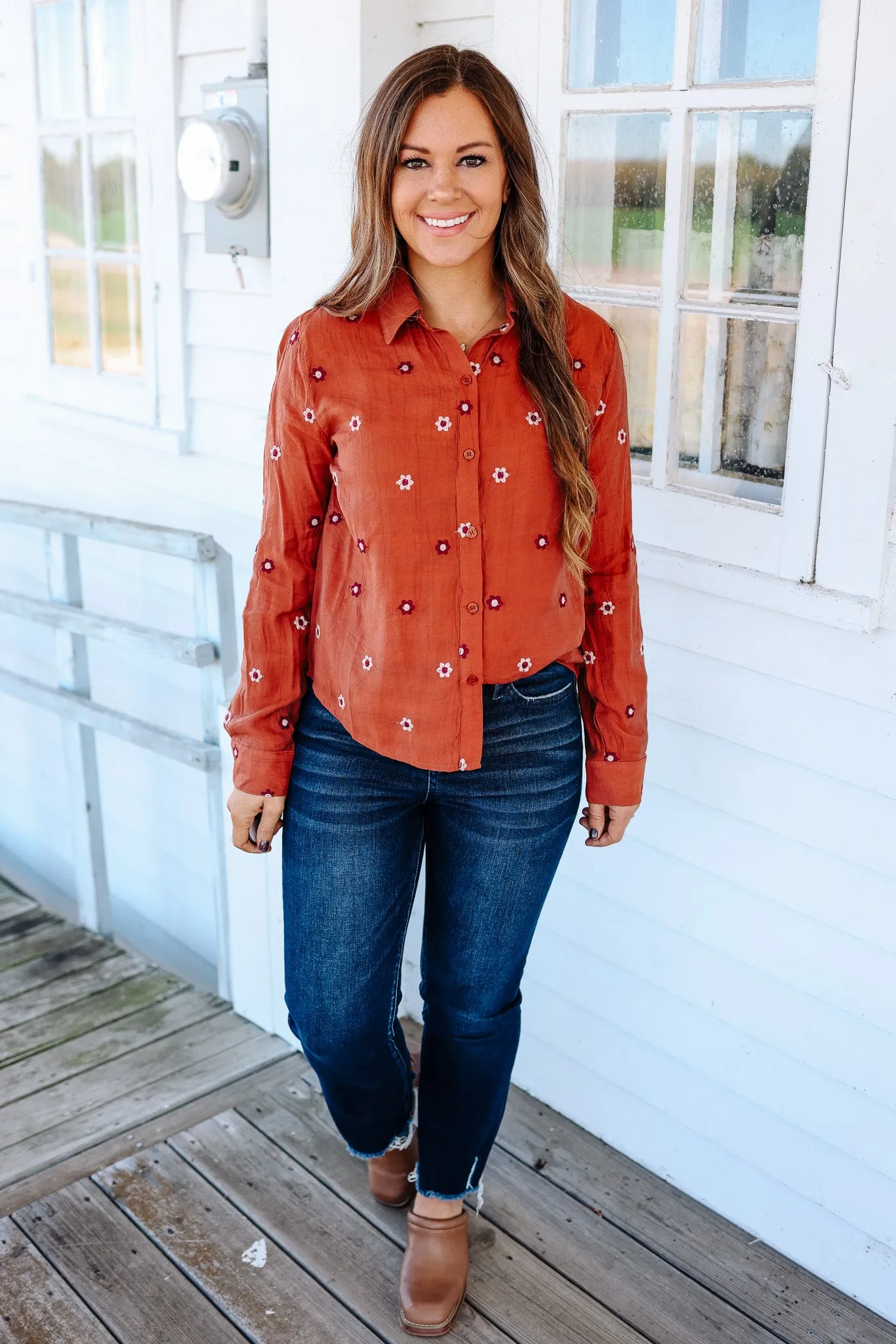 Lucy Floral Embroidered Top - Burnt Sienna