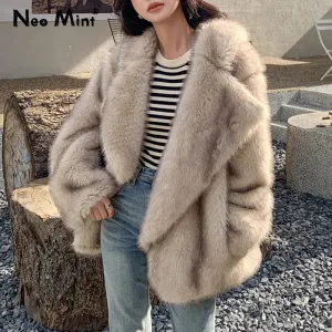Luxury Brand Fashion Gradient Animal Color Faux Fur Coat Jacket Women 2024 Winter Loose Oversized Long Fluffy Overcoat Outerwear