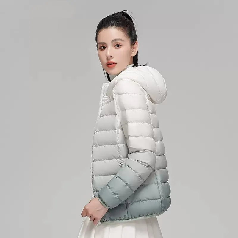 Luxury Hooded Lightweight Down Coat Slim Fit Gradient Pattern Coat for Women