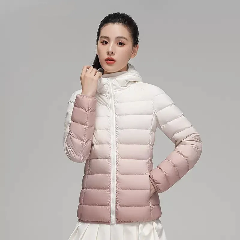 Luxury Hooded Lightweight Down Coat Slim Fit Gradient Pattern Coat for Women