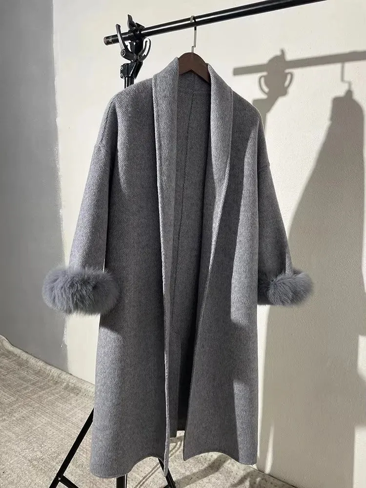 LVSANW UCXQ Elegant OL Office Lady Overcoats Fur Patchwork Long Sleeve Woolen Coat Beautiful Women's Clothing Jacket Autumn 2024 Spring