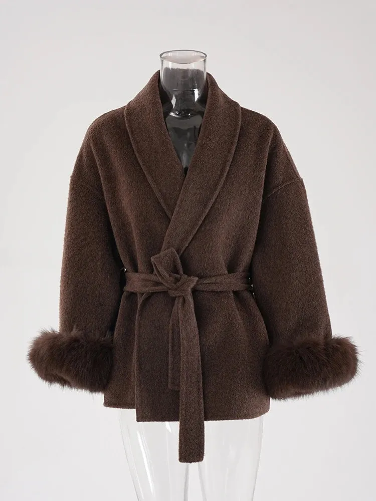 LVSANW UCXQ Elegant OL Office Lady Overcoats Fur Patchwork Long Sleeve Woolen Coat Beautiful Women's Clothing Jacket Autumn 2024 Spring