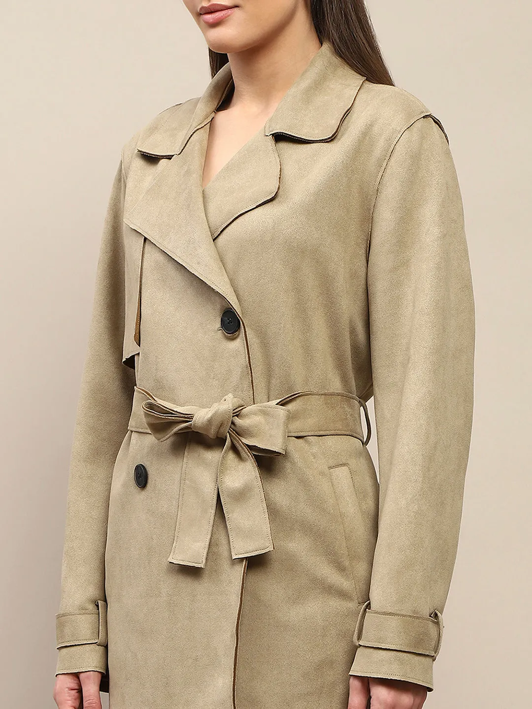 Madame Double Breasted Belted Solid Pista Green Trench Coat