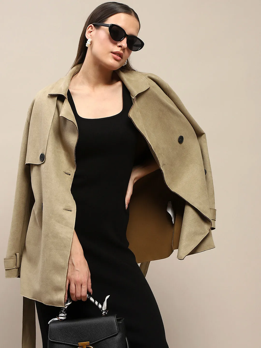 Madame Double Breasted Belted Solid Pista Green Trench Coat