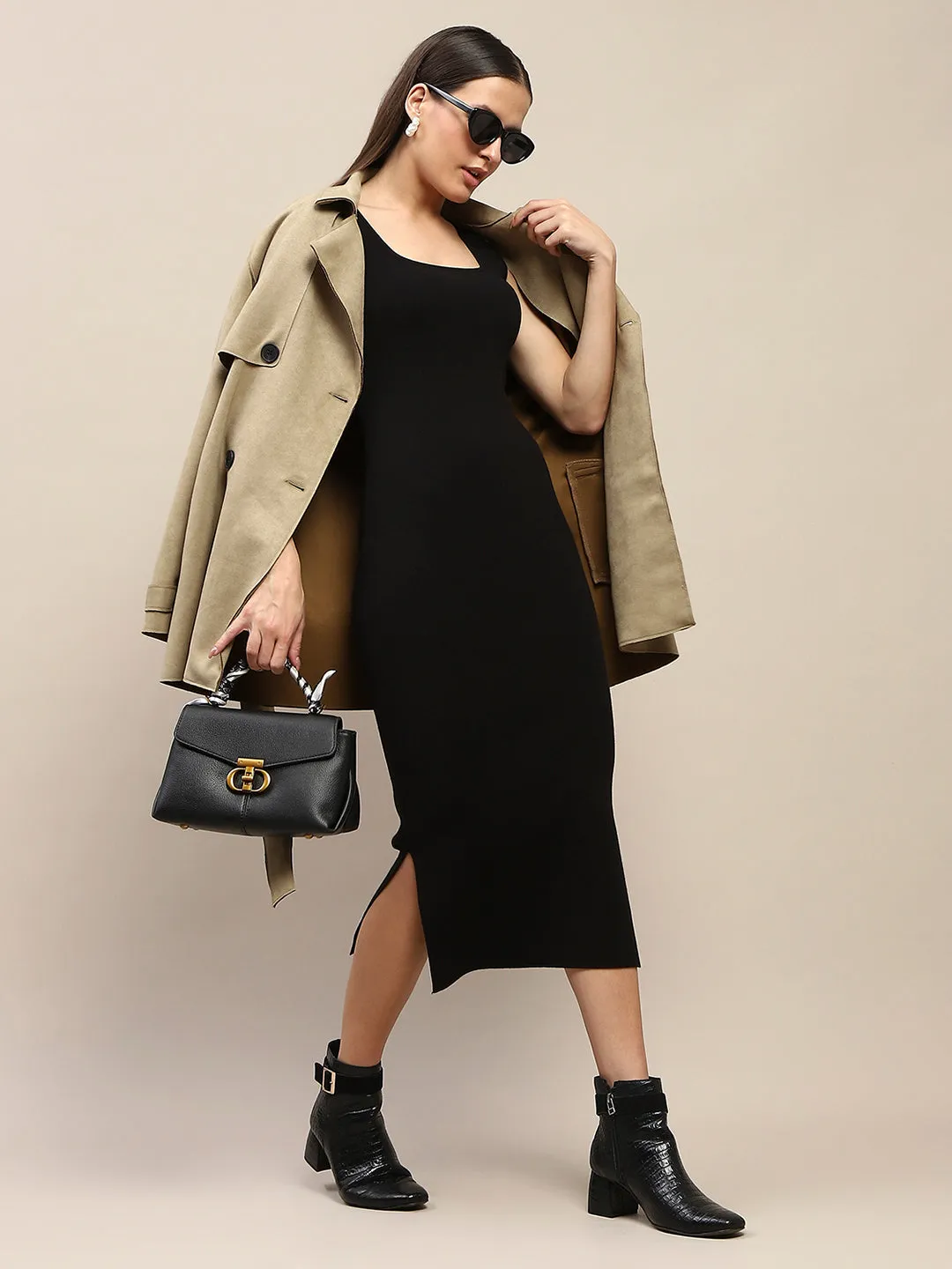 Madame Double Breasted Belted Solid Pista Green Trench Coat