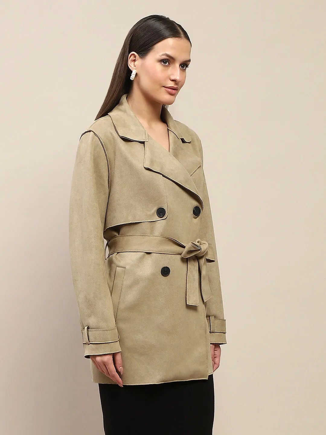 Madame Double Breasted Belted Solid Pista Green Trench Coat