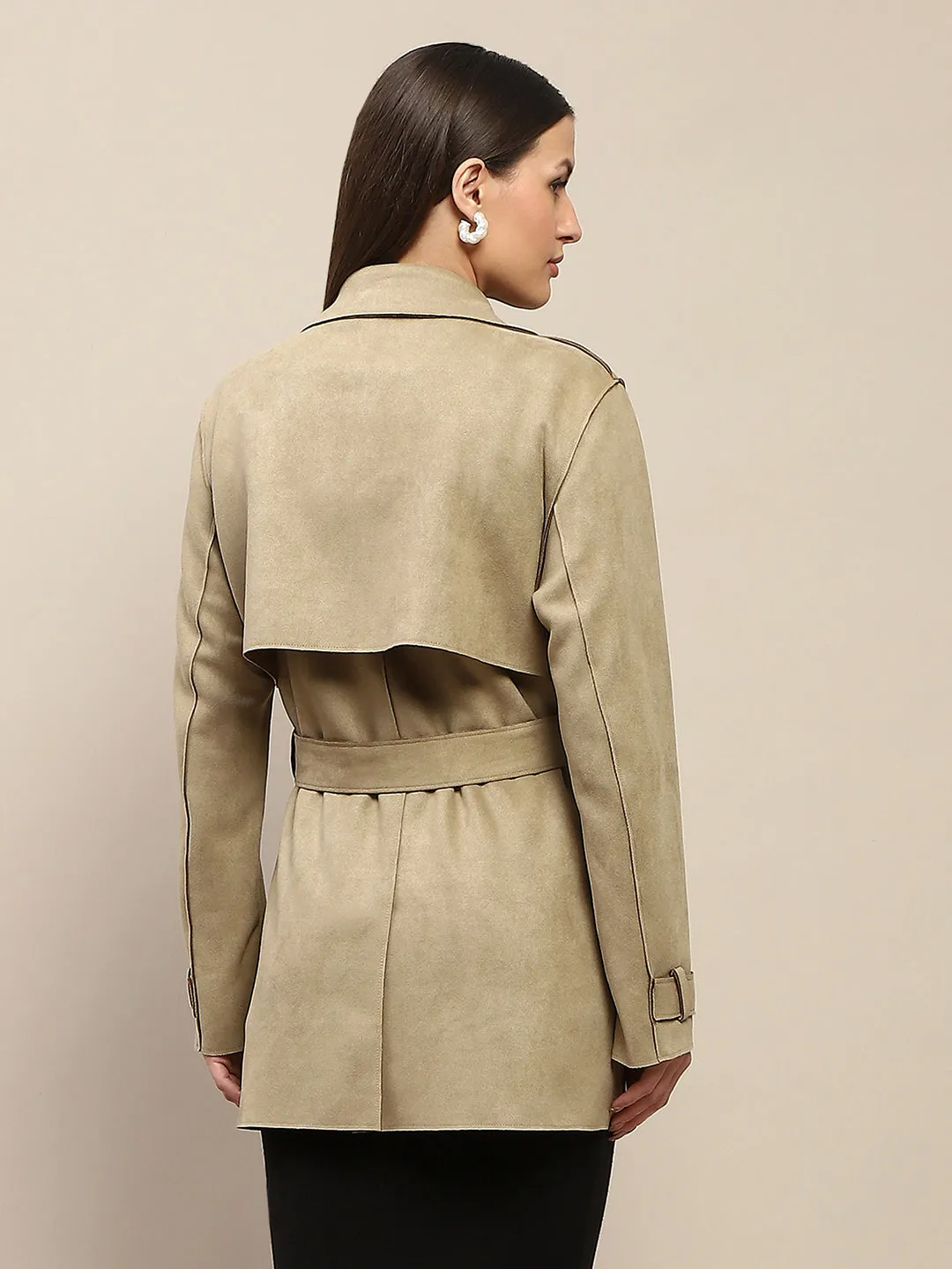 Madame Double Breasted Belted Solid Pista Green Trench Coat