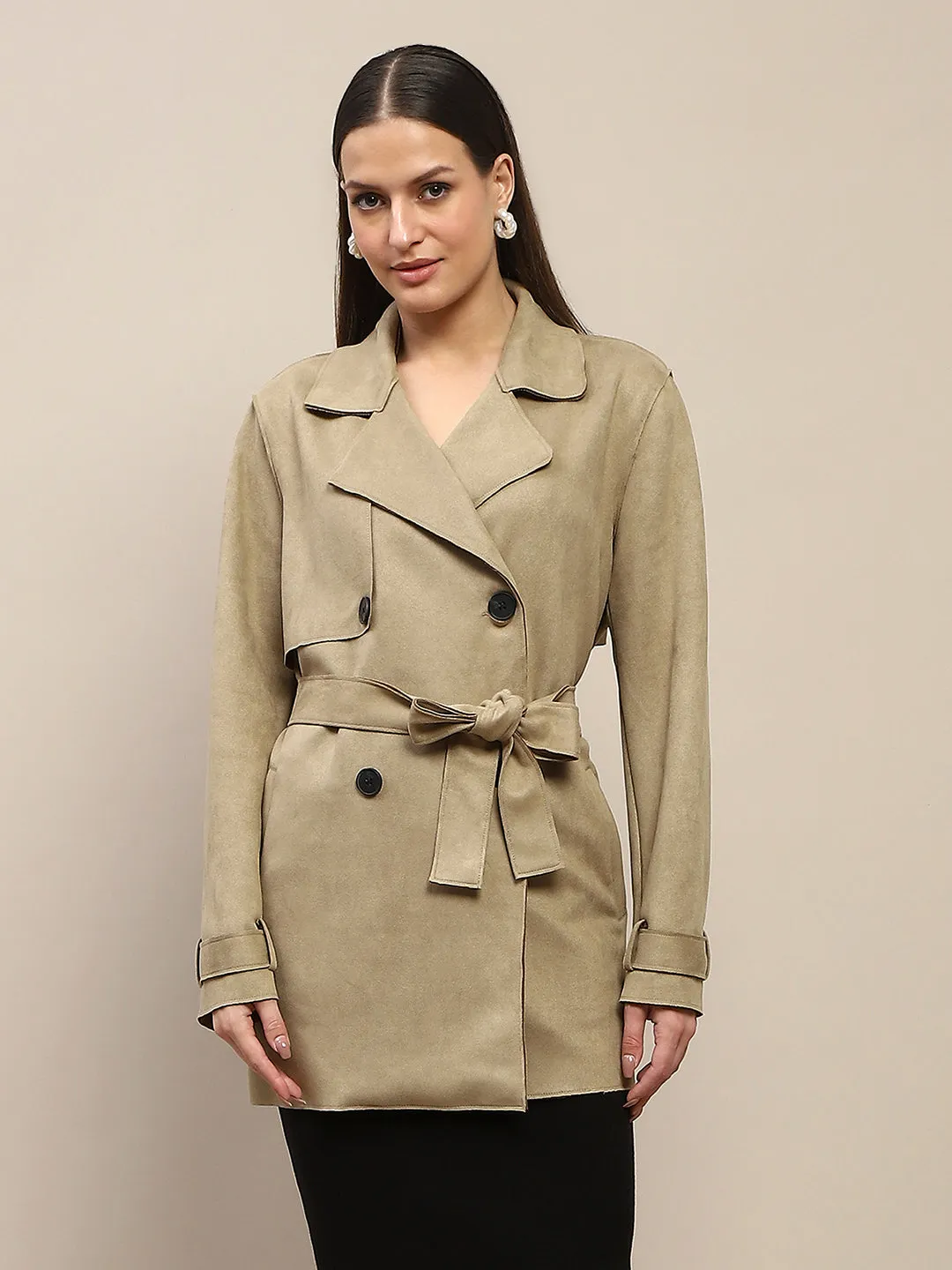 Madame Double Breasted Belted Solid Pista Green Trench Coat