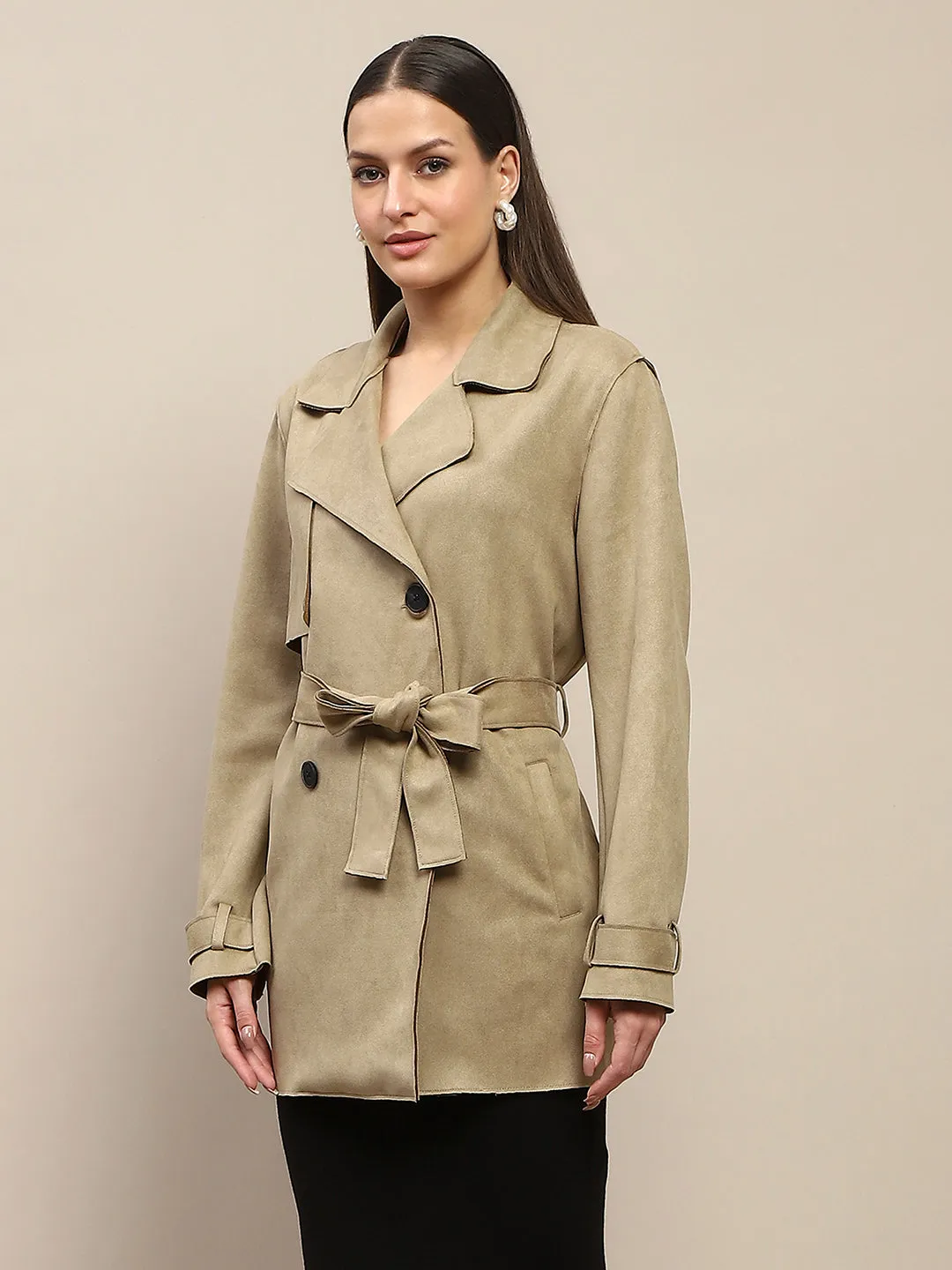 Madame Double Breasted Belted Solid Pista Green Trench Coat