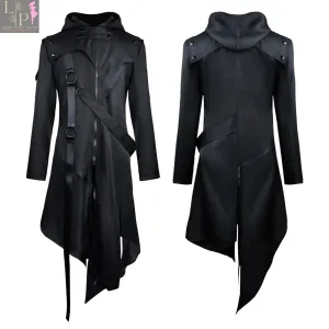 Male Coat, Men Zipper Belt Hooded Long Sleeve, Men Long Jacket