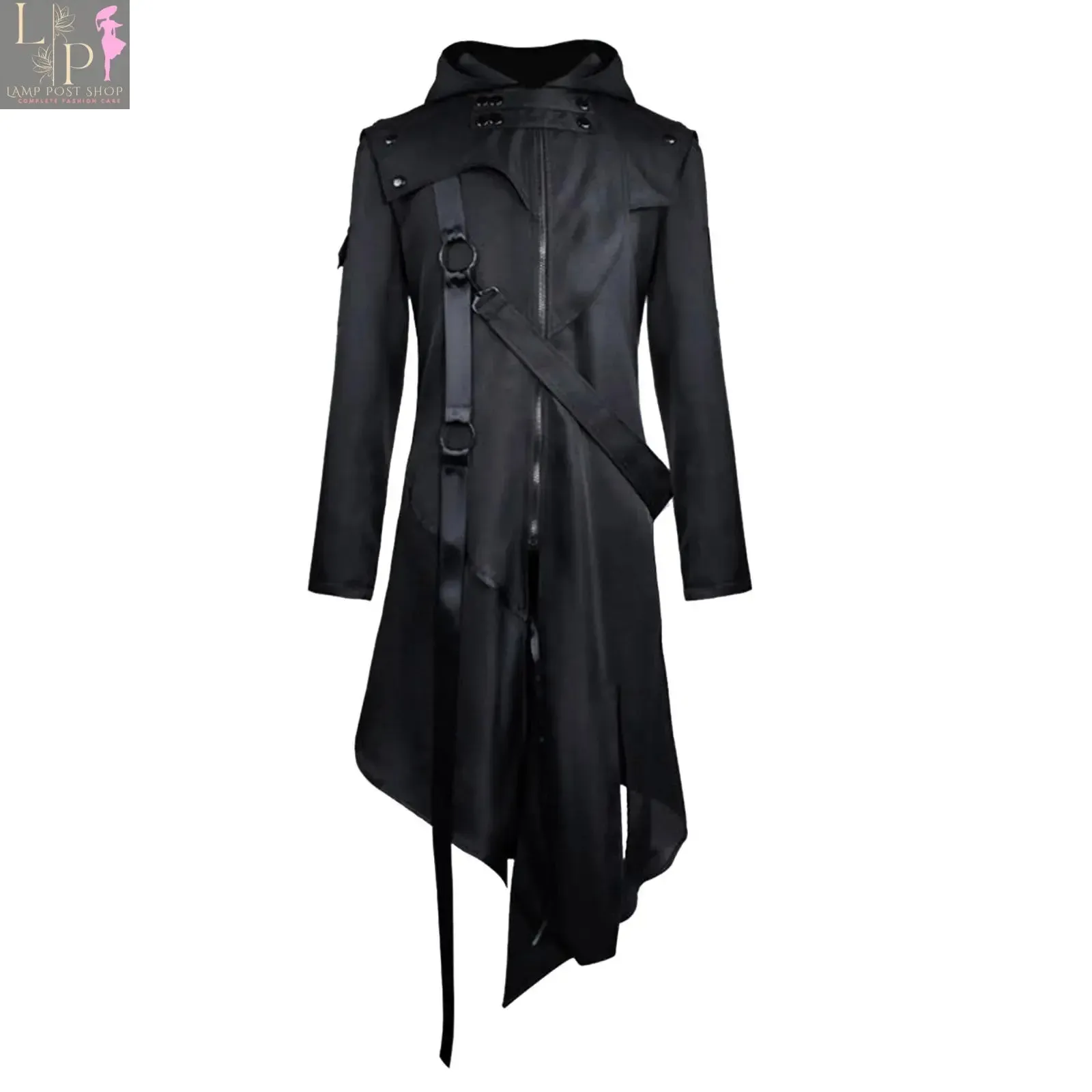 Male Coat, Men Zipper Belt Hooded Long Sleeve, Men Long Jacket