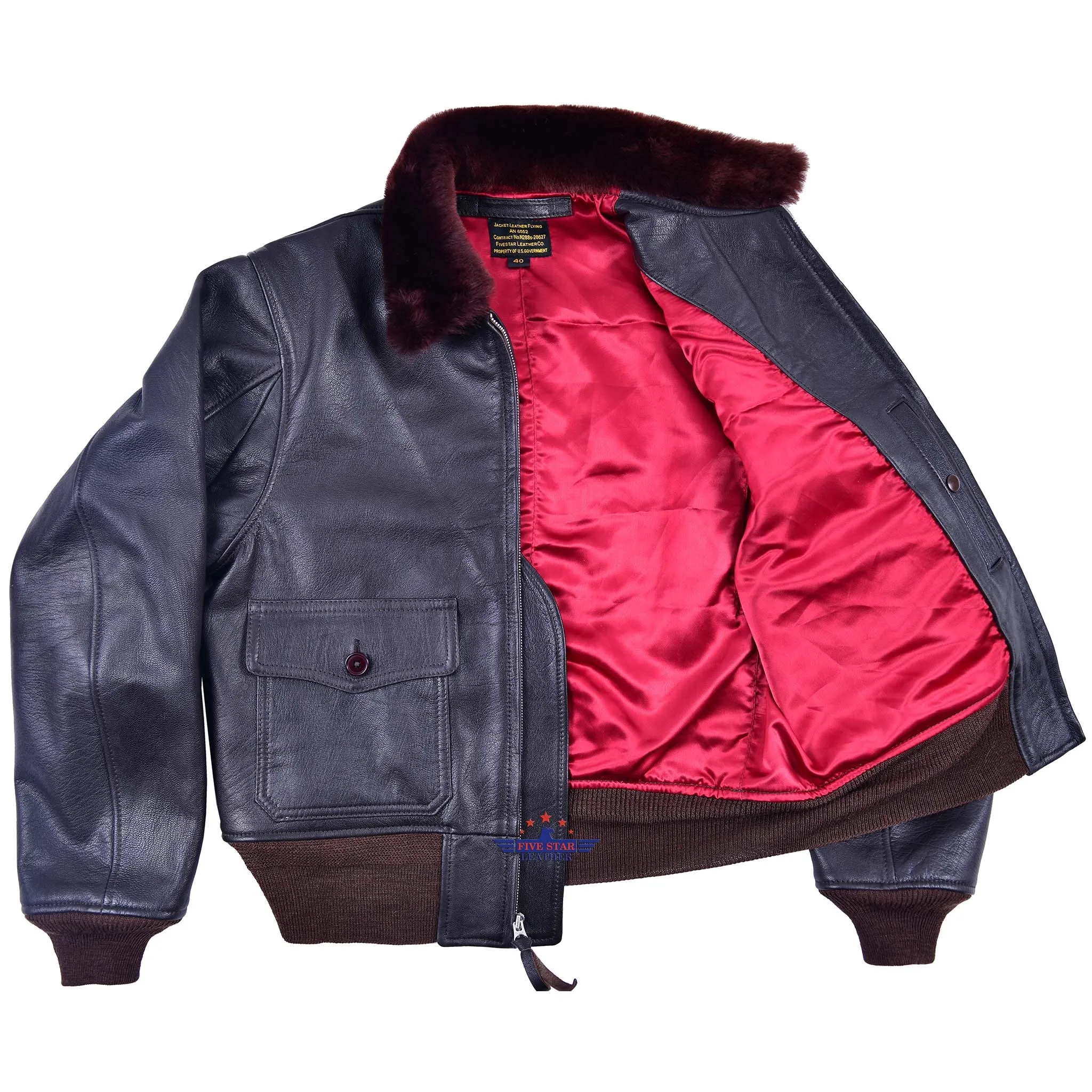 Men AN6552 Seal Brown Pilot Flying Jacket USN Real Goatskin Leather & Fur Collar