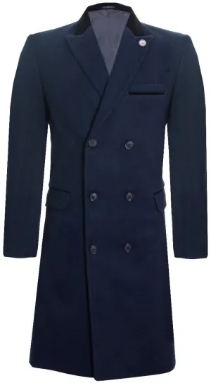 Mens 3/4 Long Double Breasted Navy Crombie Overcoat Wool Coat Peaky Blinders