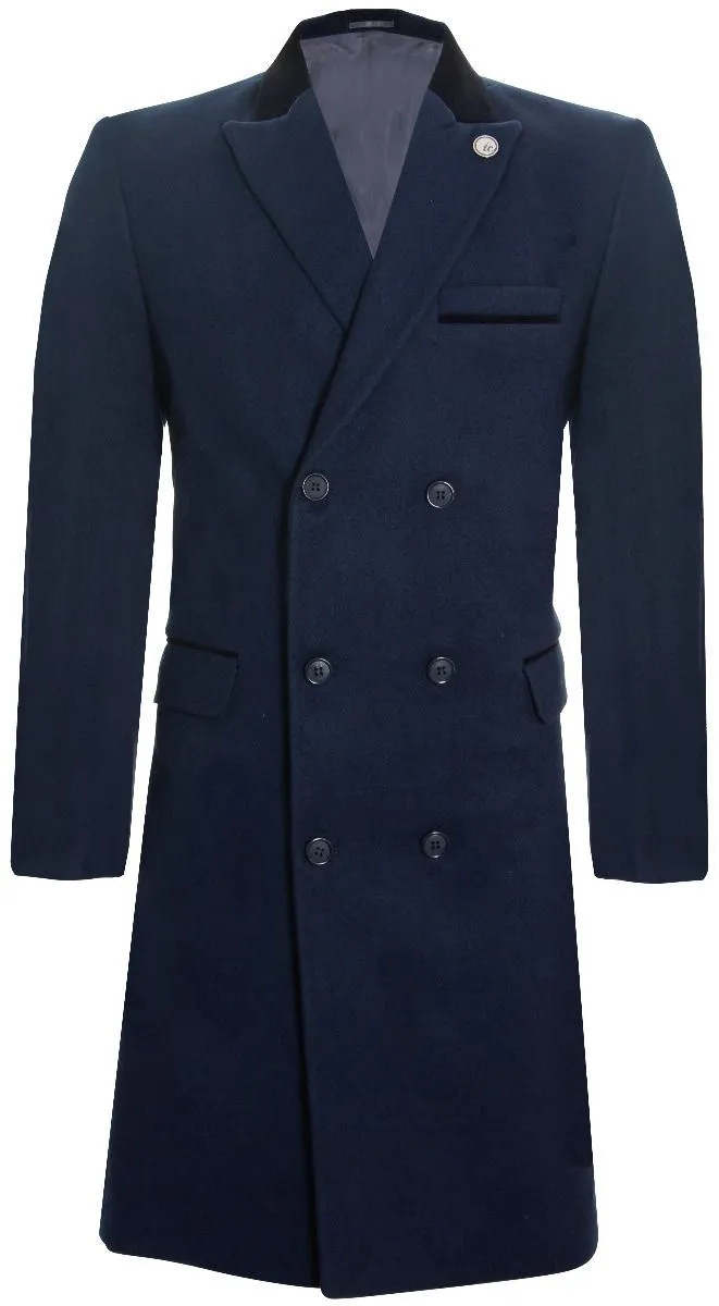 Mens 3/4 Long Double Breasted Navy Crombie Overcoat Wool Coat Peaky Blinders