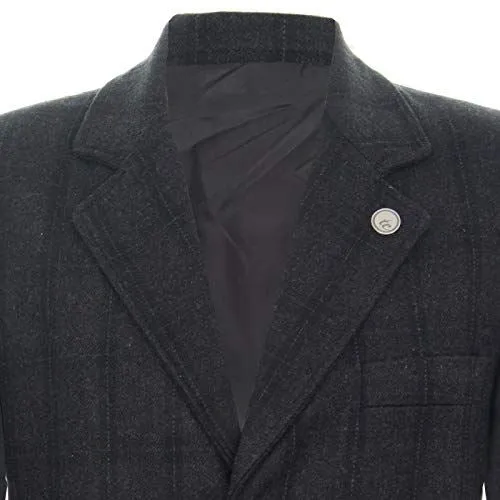 Mens 3/4 Long Wool Black Check Crombie Overcoat Jacket Blinders Trench Slim Fit Coat
