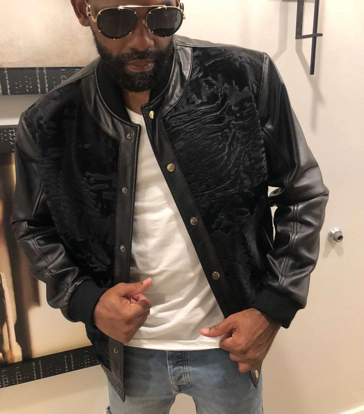 Men's Custom Made Black Persian Lamb Jacket with Black Leather Sleeves