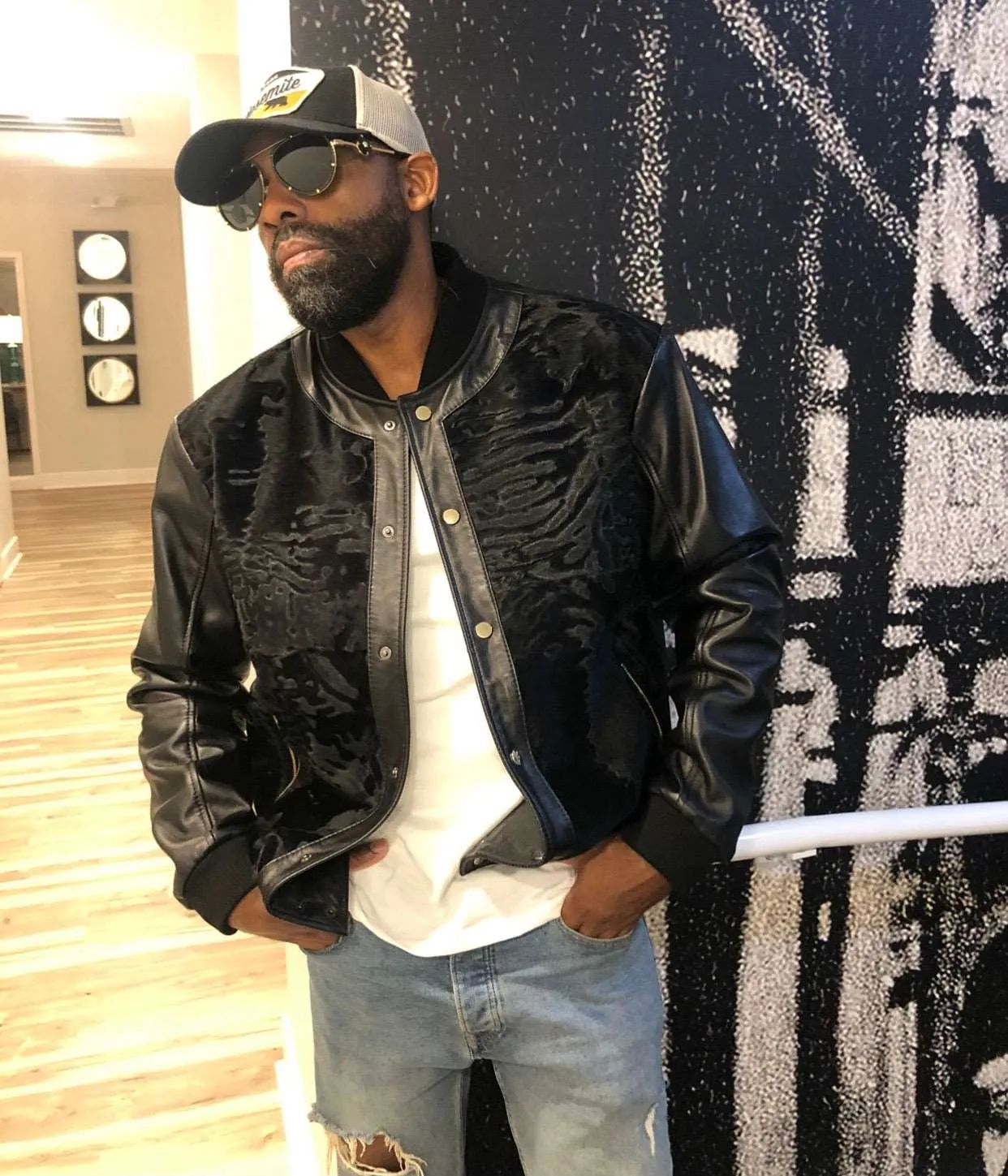Men's Custom Made Black Persian Lamb Jacket with Black Leather Sleeves