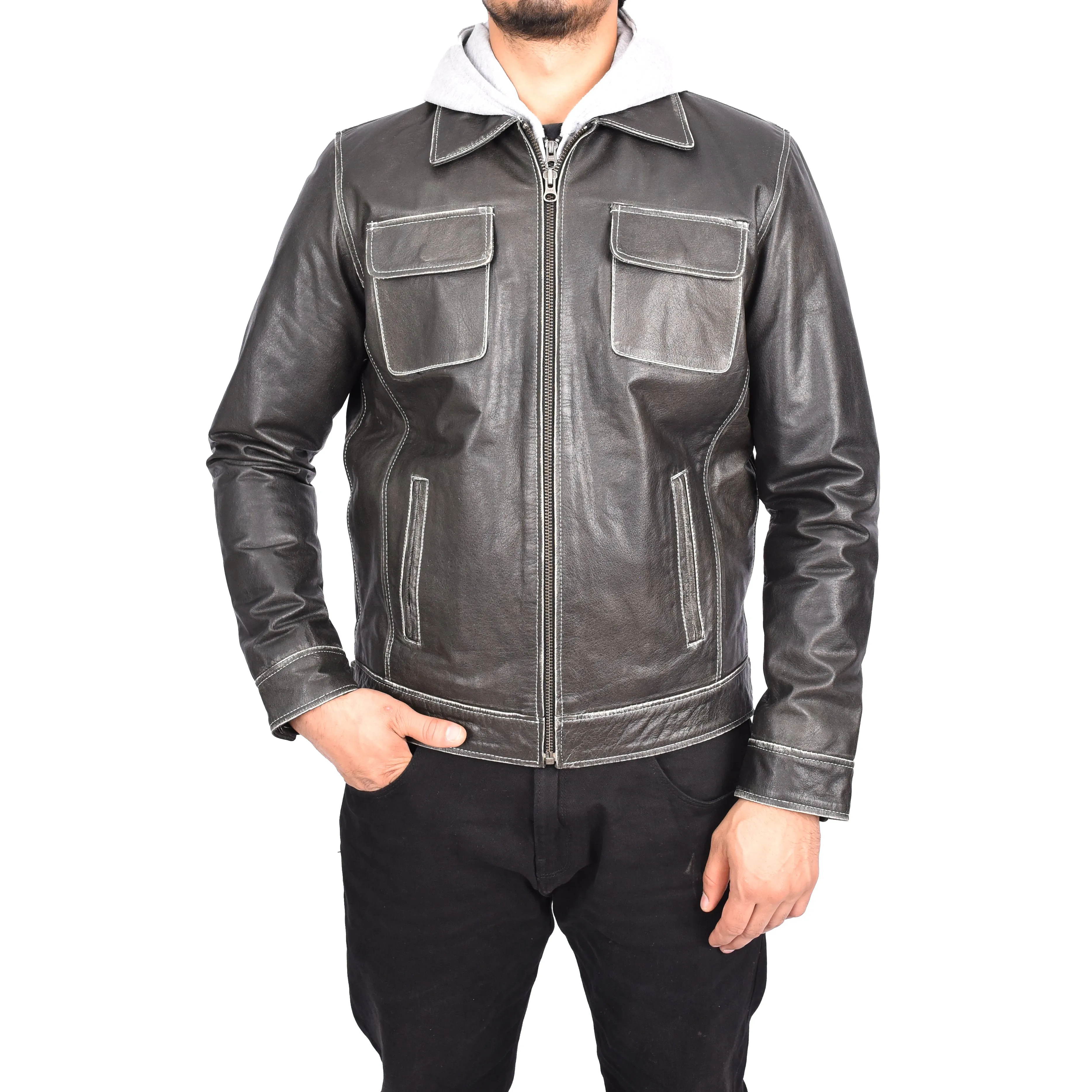 Men's Detachable Hood Biker Real Leather Jacket Kelby Grey