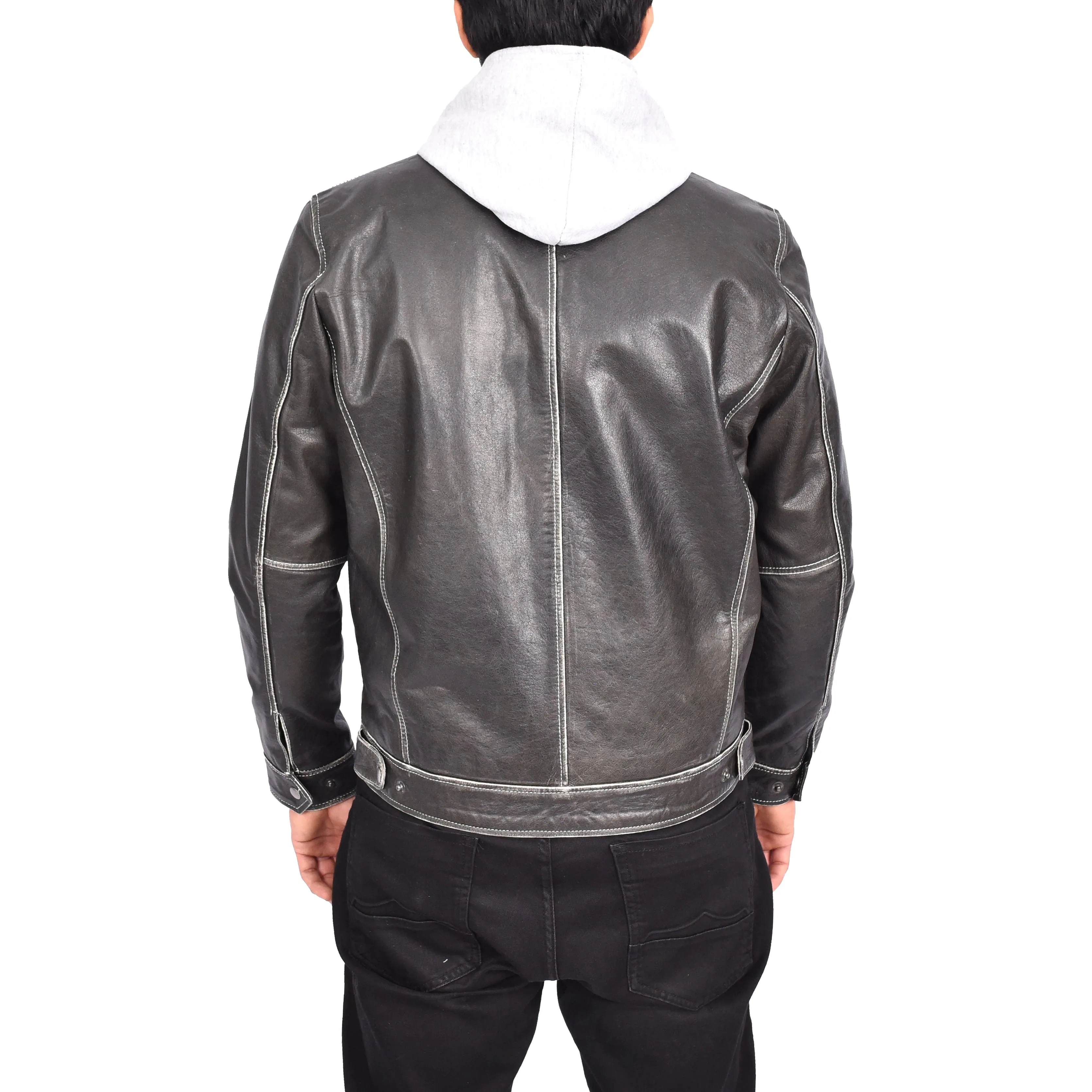 Men's Detachable Hood Biker Real Leather Jacket Kelby Grey