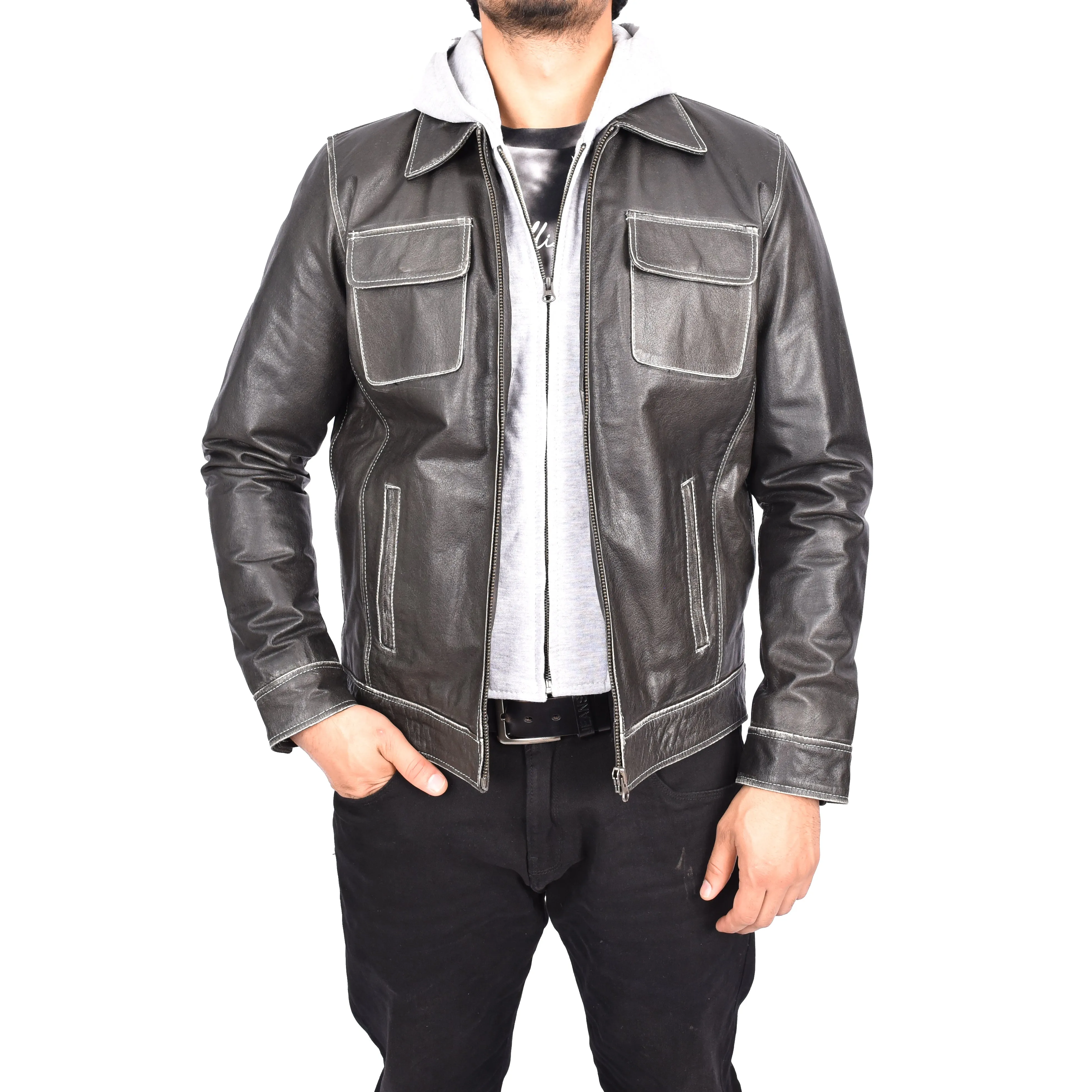 Men's Detachable Hood Biker Real Leather Jacket Kelby Grey