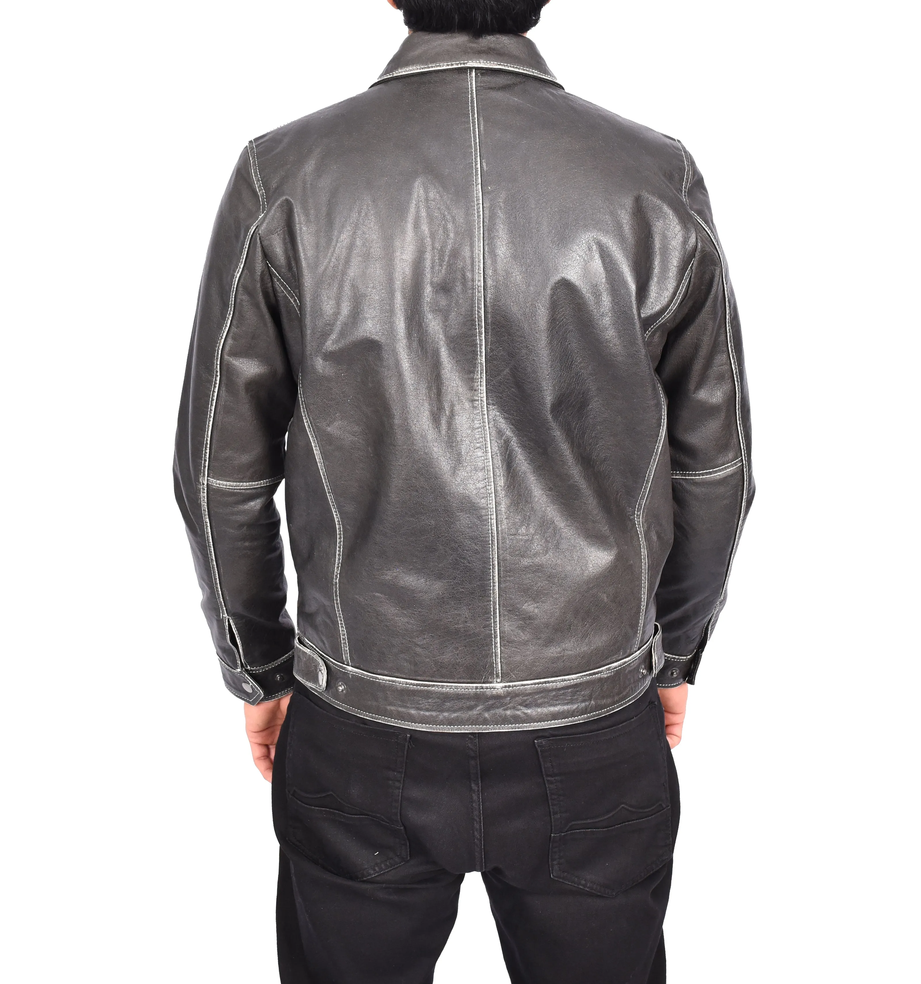 Men's Detachable Hood Biker Real Leather Jacket Kelby Grey