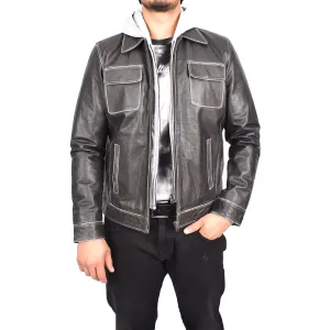 Men's Detachable Hood Biker Real Leather Jacket Kelby Grey