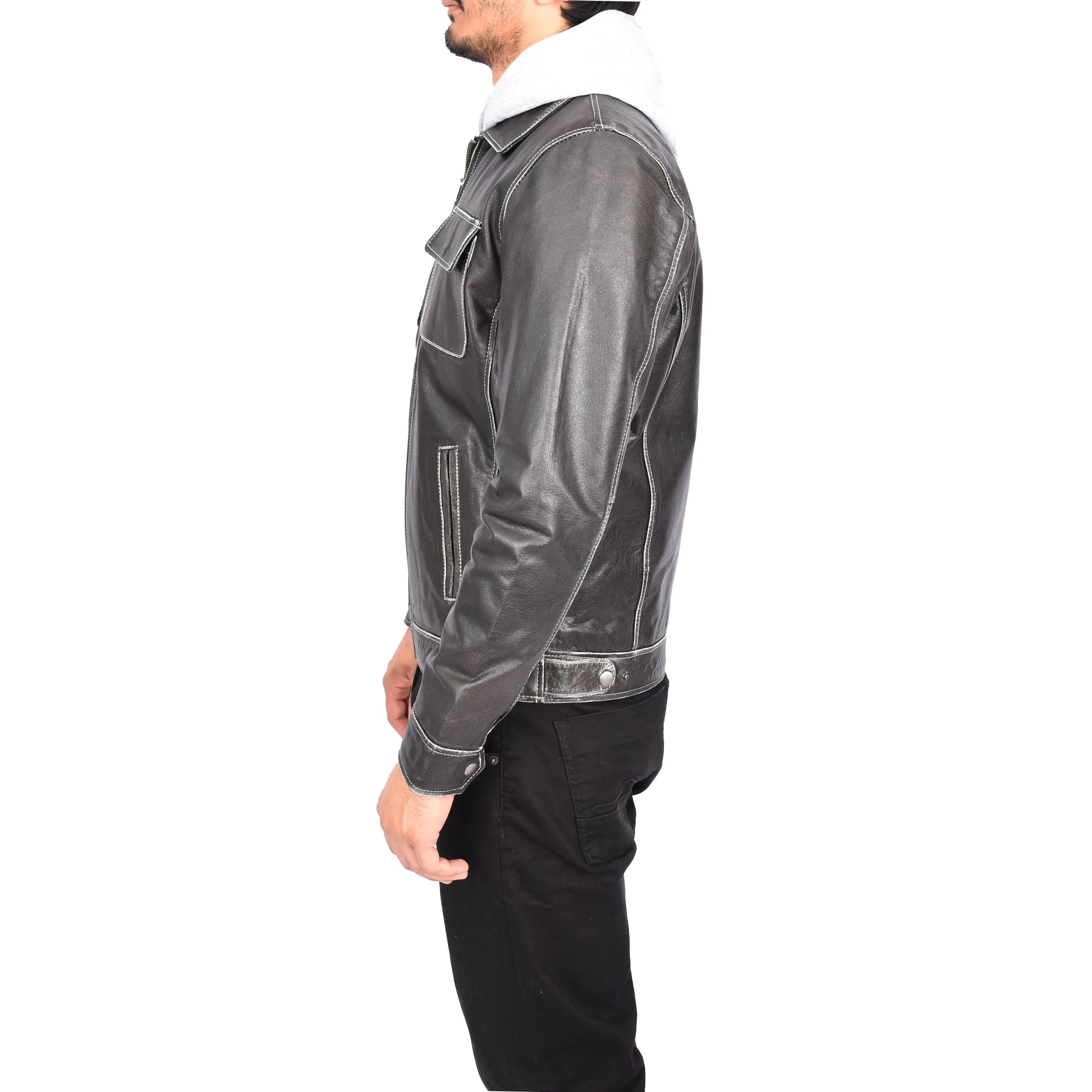 Men's Detachable Hood Biker Real Leather Jacket Kelby Grey