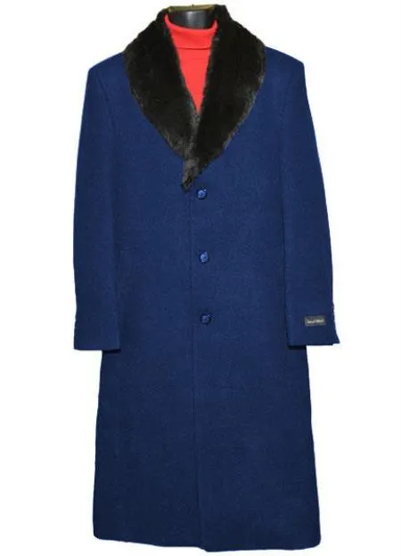 Men's Dress Coat (Removable ) Fur Collar  3 Button Full Length Overcoat ~ Long Men's Dress Topcoat -  Winter coat full length Fabric Also Navy Blue