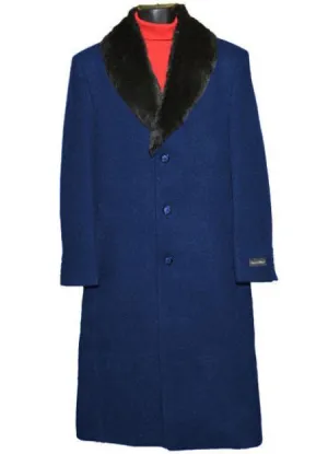 Men's Dress Coat (Removable ) Fur Collar  3 Button Full Length Overcoat ~ Long Men's Dress Topcoat -  Winter coat full length Fabric Also Navy Blue