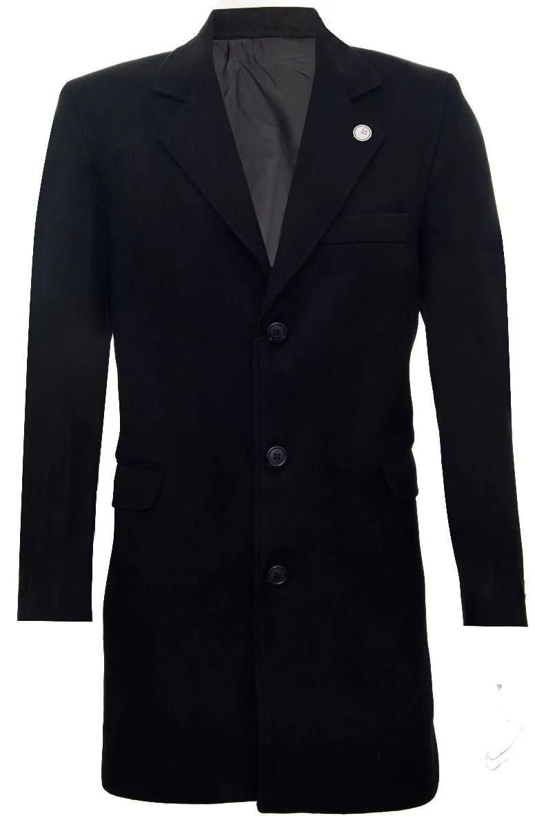 Men's Long Black Wool Slim Fit Overcoat