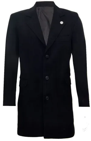 Men's Long Black Wool Slim Fit Overcoat