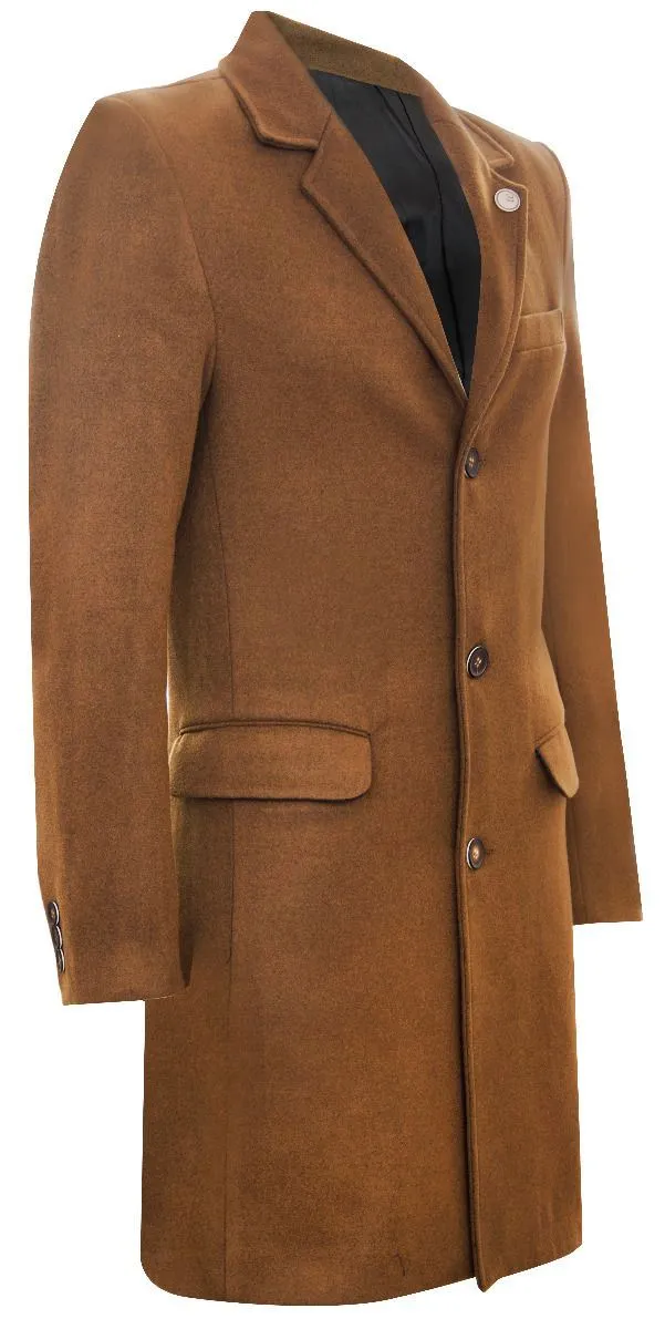 Men's Long Brown Wool Slim Fit Overcoat