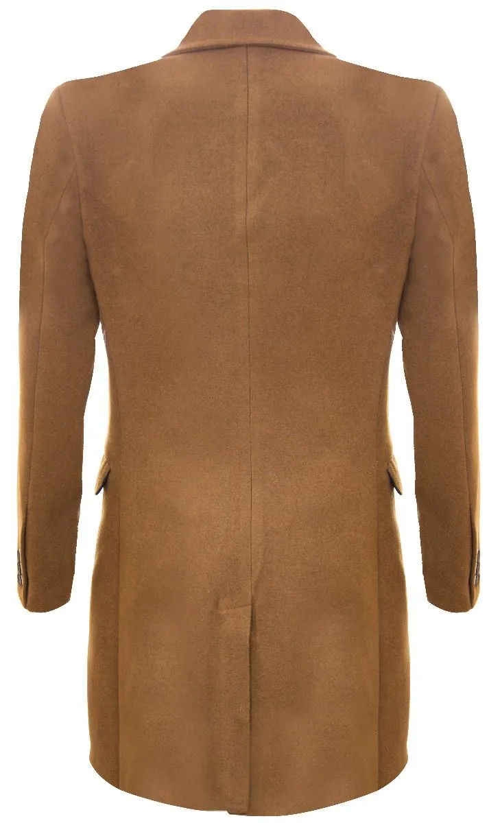 Men's Long Brown Wool Slim Fit Overcoat