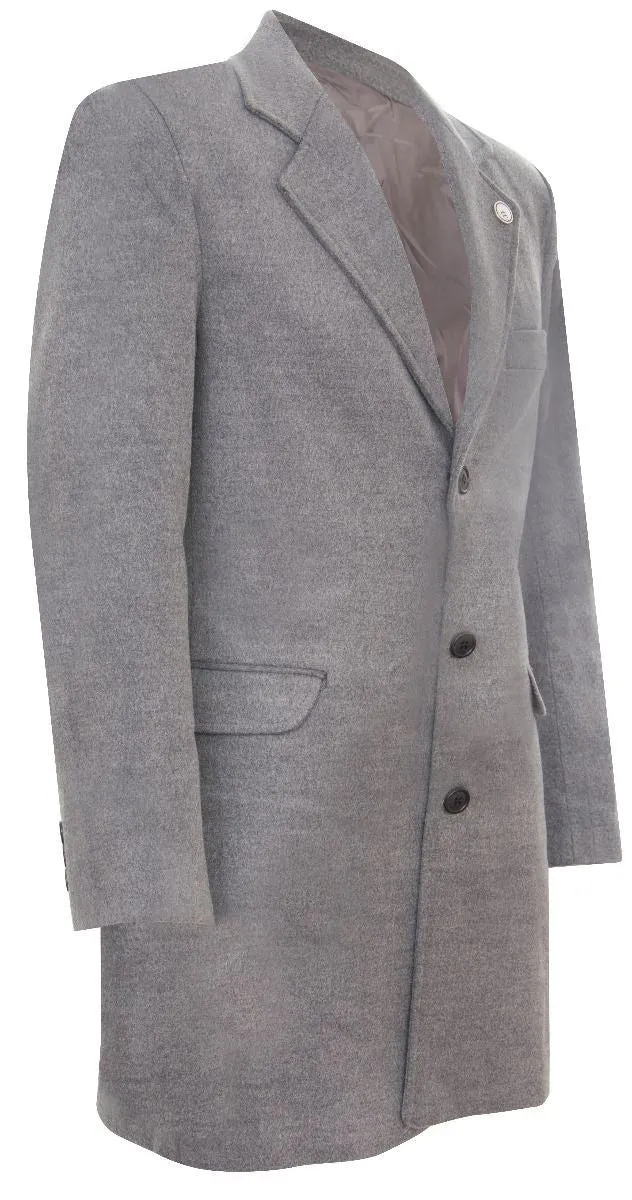 Men's Long Grey Wool Slim Fit Overcoat