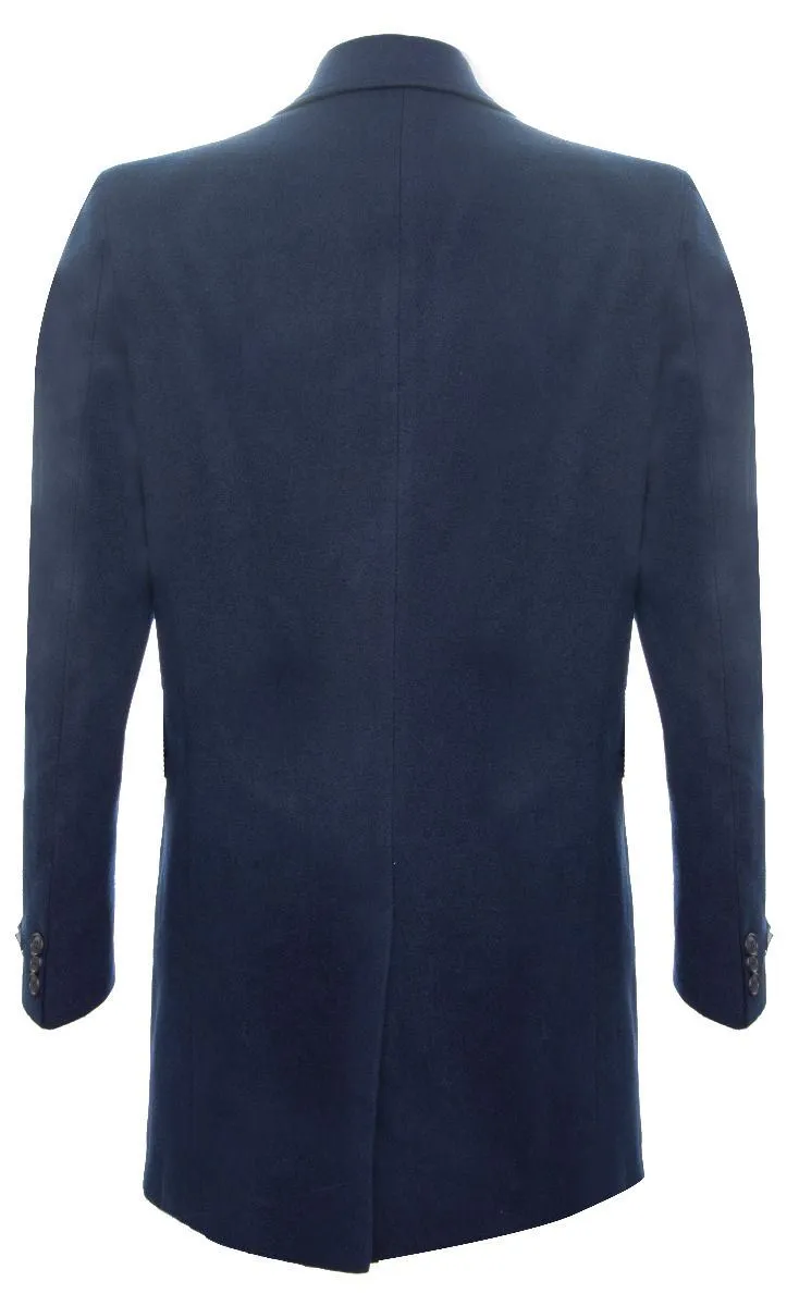 Men's Long Navy Wool Slim Fit Overcoat