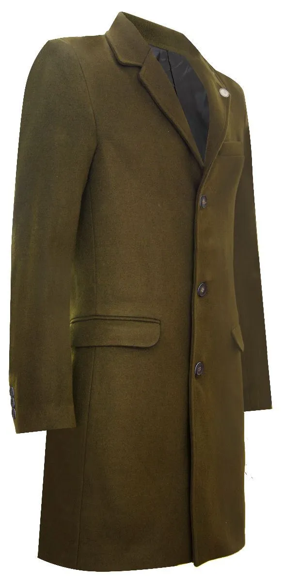 Men's Long Olive Wool Slim Fit Overcoat