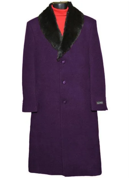 Men's (Removable) Dress Coat Fur Collar Dark Purple 3 Button Overcoat ~ Long Men's Dress Topcoat -  Winter Coat Fabric Also - Three Quarter 34 inch length