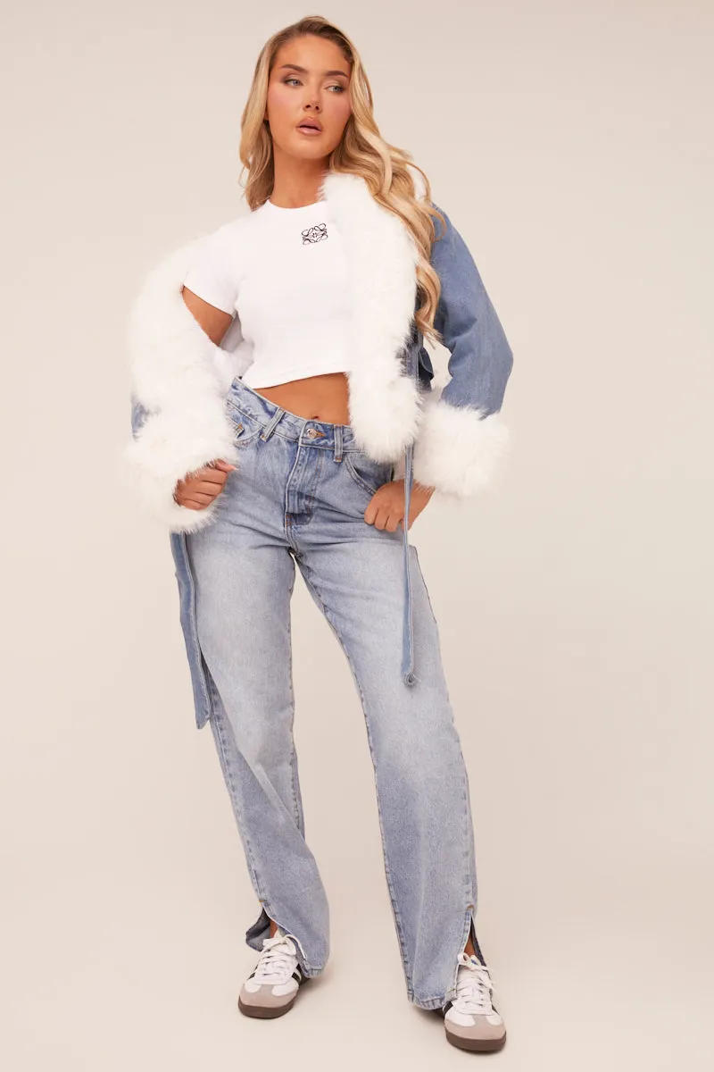 Mid Blue Denim Faux Fur Biker Jacket - Carin