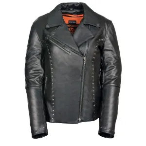 ML1948 Women's Classic Riveted Motorcycle Black Leather Jacket