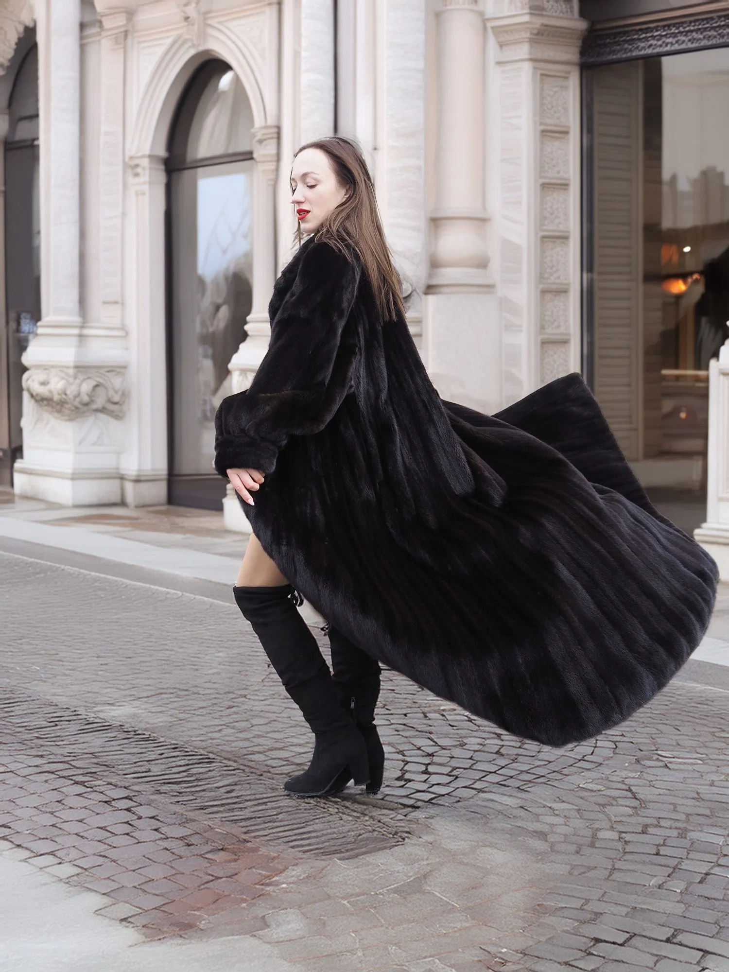NAFA Dark Ranch Black Female Mink Fur Coat M 51" Long Huge Sweep 94"