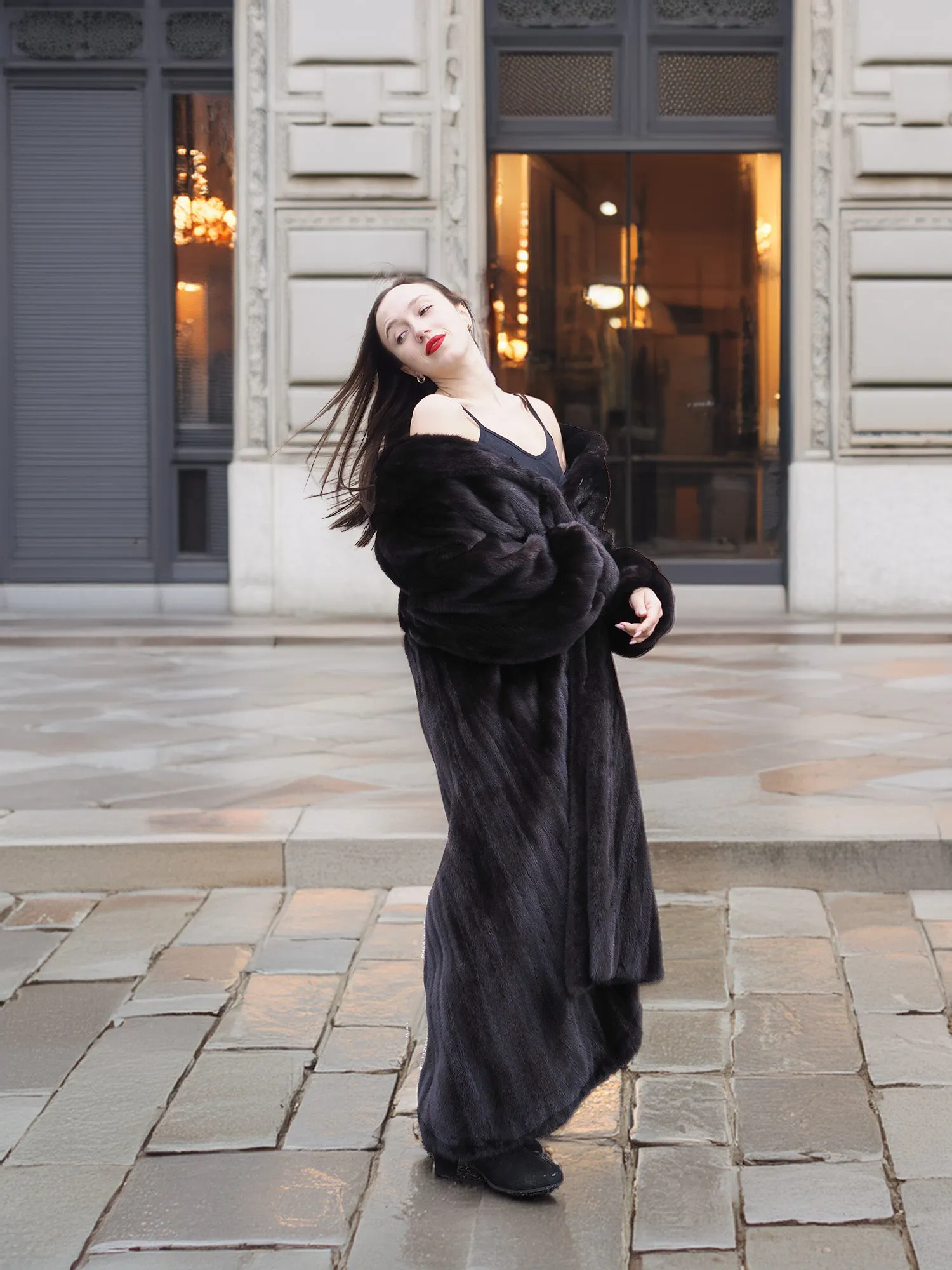 NAFA Dark Ranch Black Female Mink Fur Coat M 51" Long Huge Sweep 94"