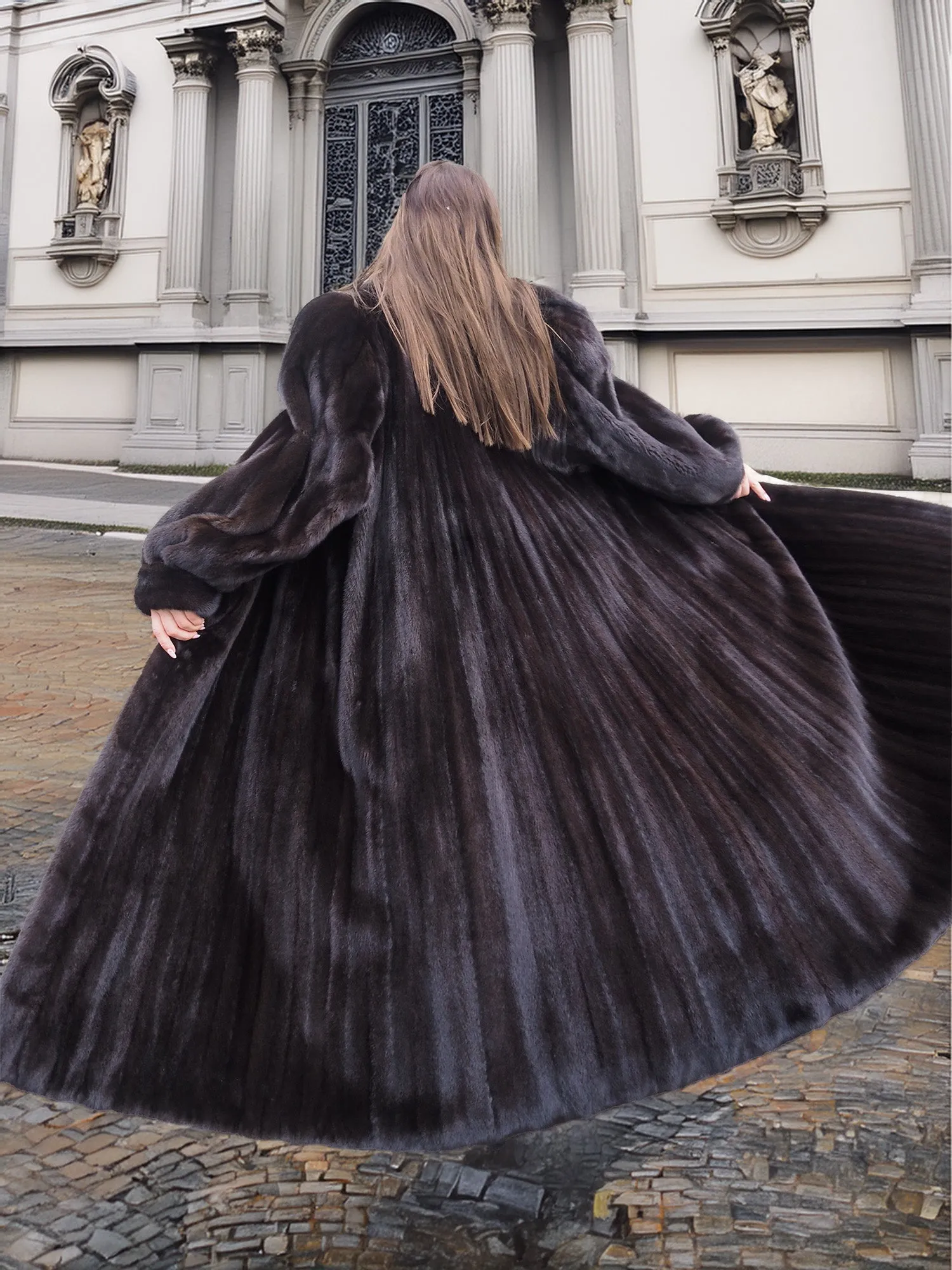 NAFA Dark Ranch Black Female Mink Fur Coat M 51" Long Huge Sweep 94"
