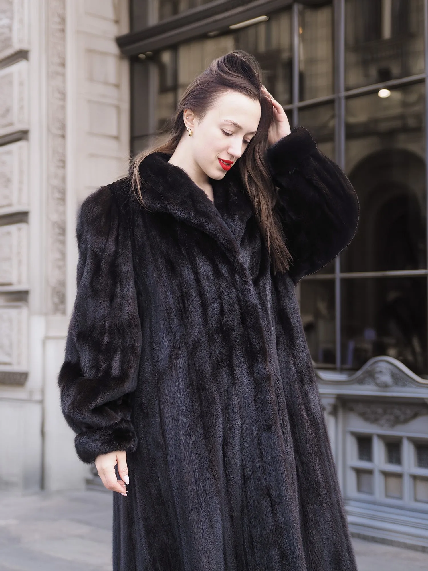 NAFA Dark Ranch Black Female Mink Fur Coat M 51" Long Huge Sweep 94"