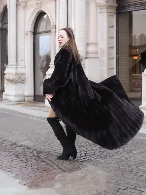 NAFA Dark Ranch Black Female Mink Fur Coat M 51" Long Huge Sweep 94"