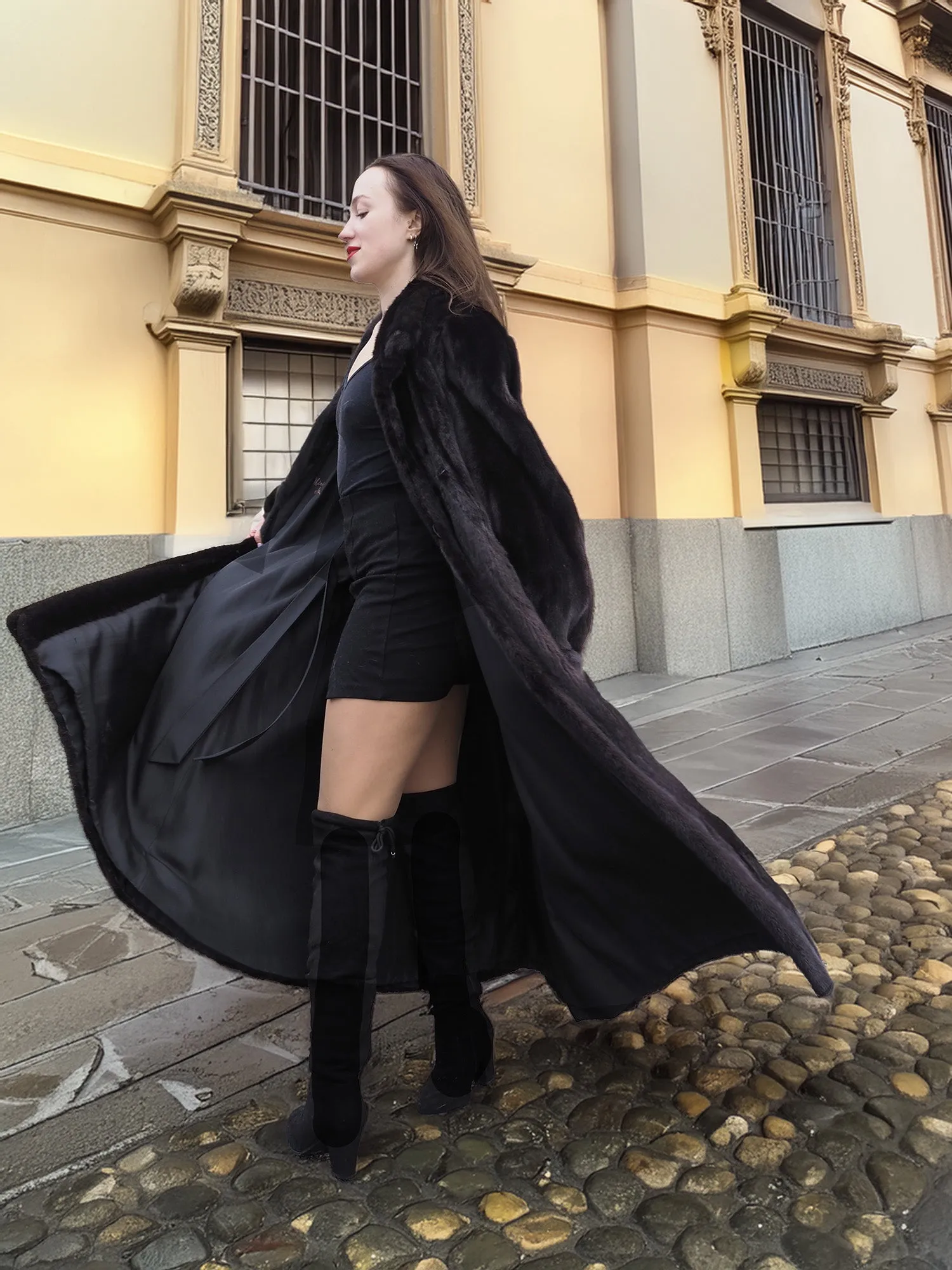 NAFA Dark Ranch Black Female Mink Fur Coat M 51" Long Huge Sweep 94"